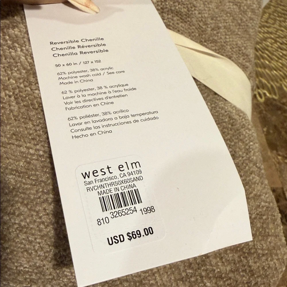 West Elm Reversible Chenille Throw Blanket, 50x60”, Sand